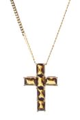 A gold and citrine six stone Latin cross on a 9ct gold filled-curb chain, complete weight 5.