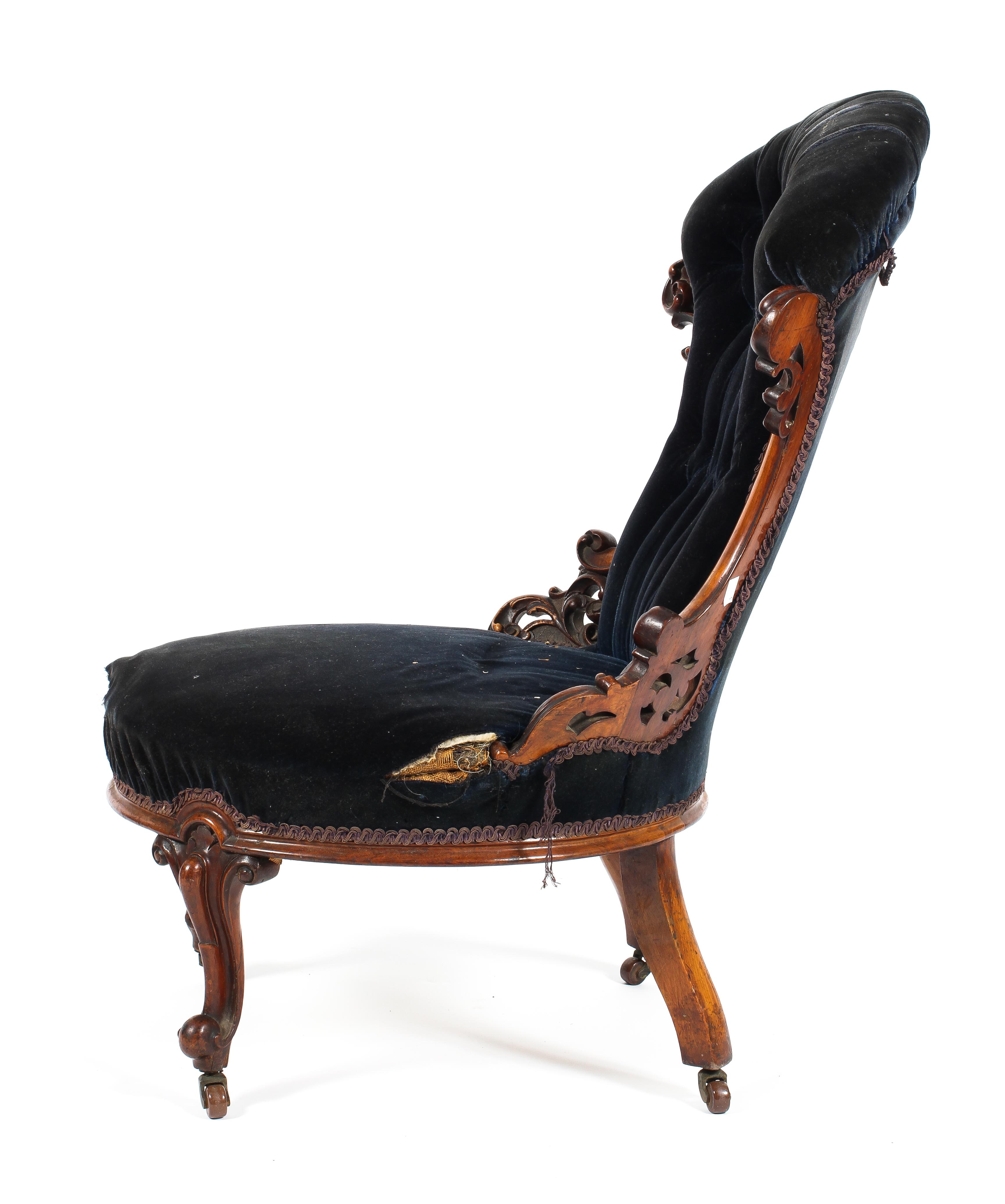 A Victorian mahogany button backed bedroom chair with pierced carved decoration to the wings, - Image 2 of 2