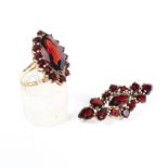 A 9ct gold red garnet set ring and matching bar brooch,
