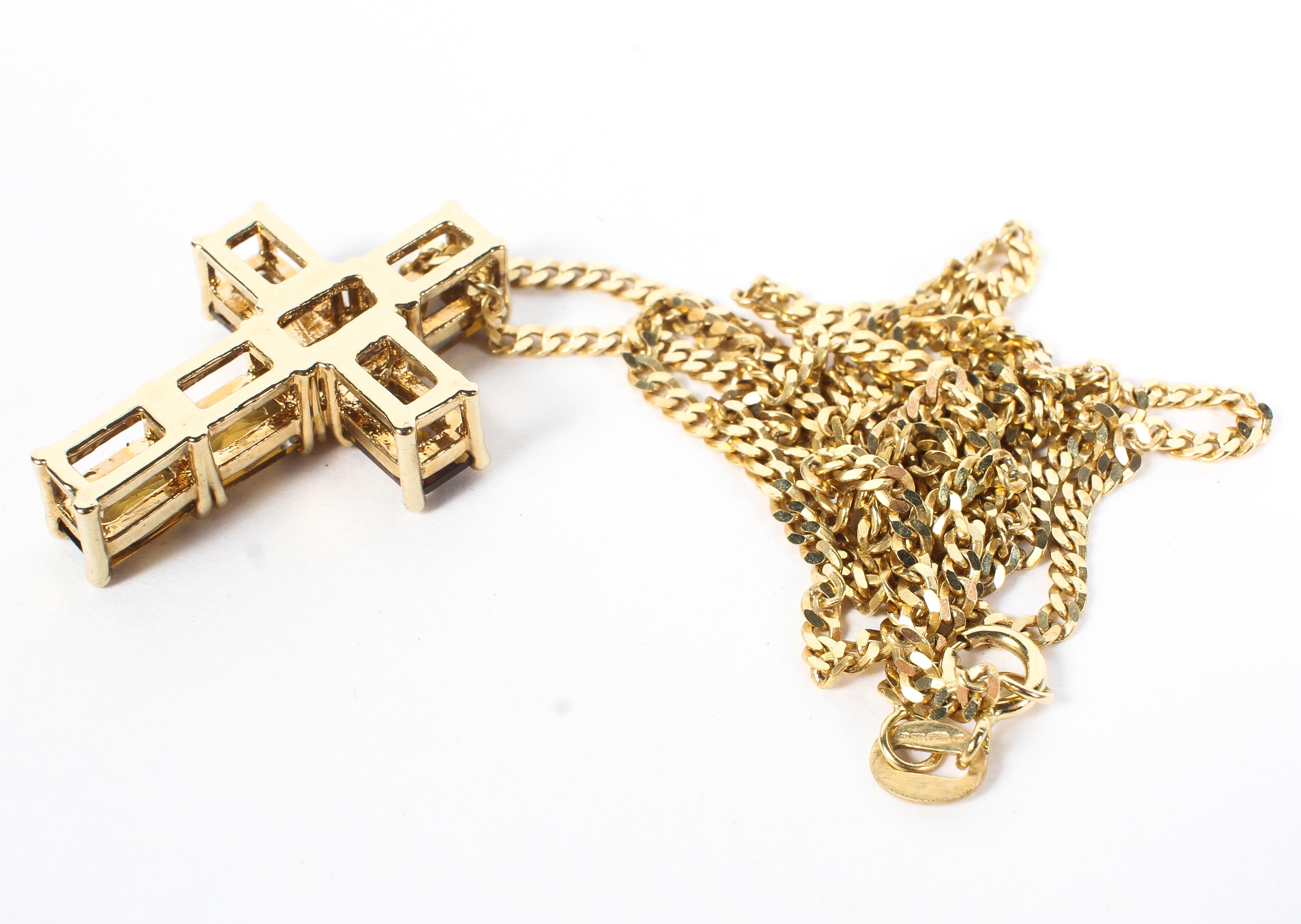 A gold and citrine six stone Latin cross on a 9ct gold filled-curb chain, complete weight 5. - Image 3 of 3