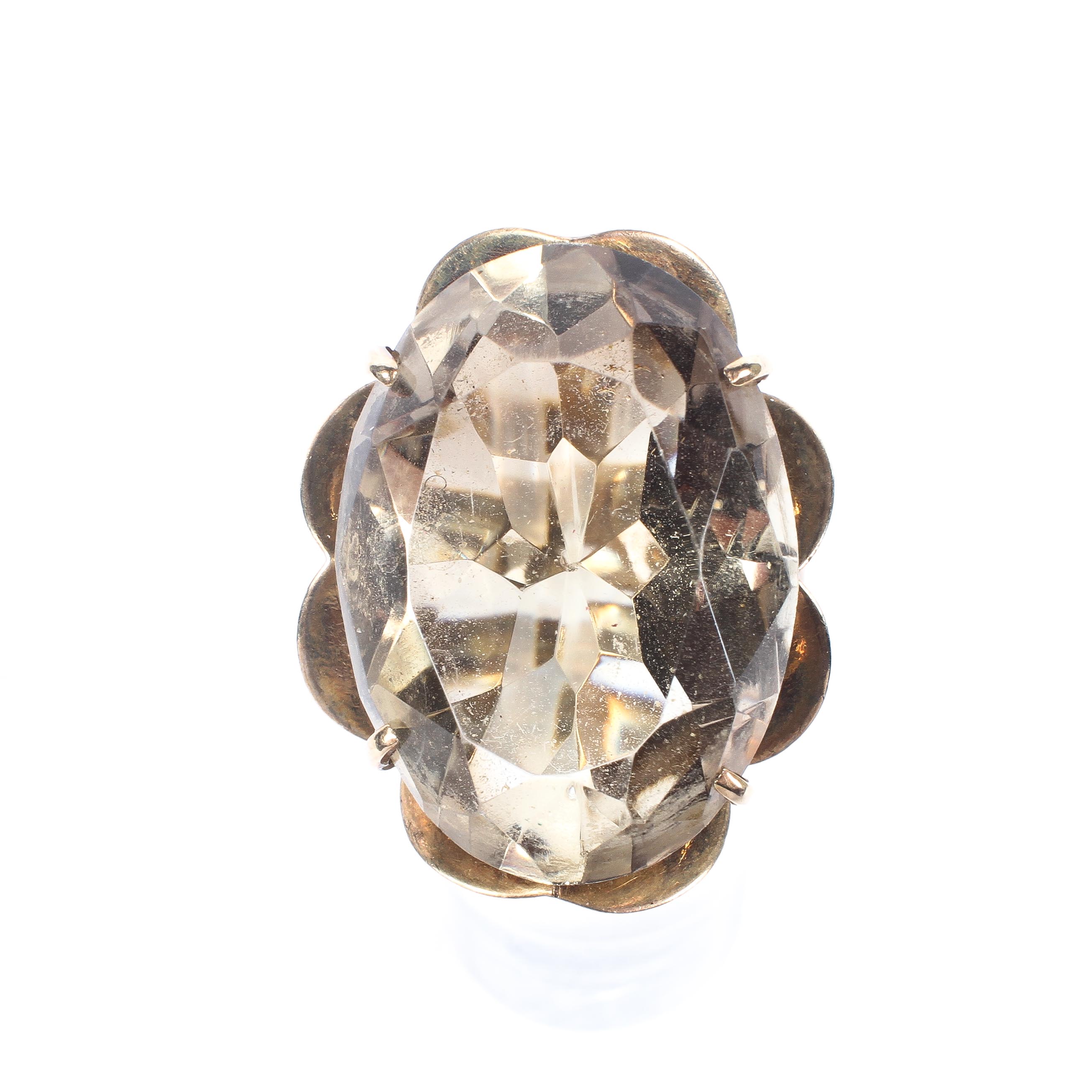 A 9ct gold and smoky quartz dress ring, set with oval free cut quartz to an open work setting, 9. - Image 2 of 2