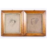 Two 19th century maple framed drawing of ladies,