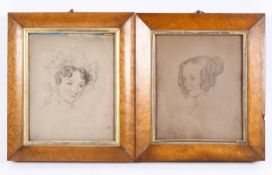 Two 19th century maple framed drawing of ladies,