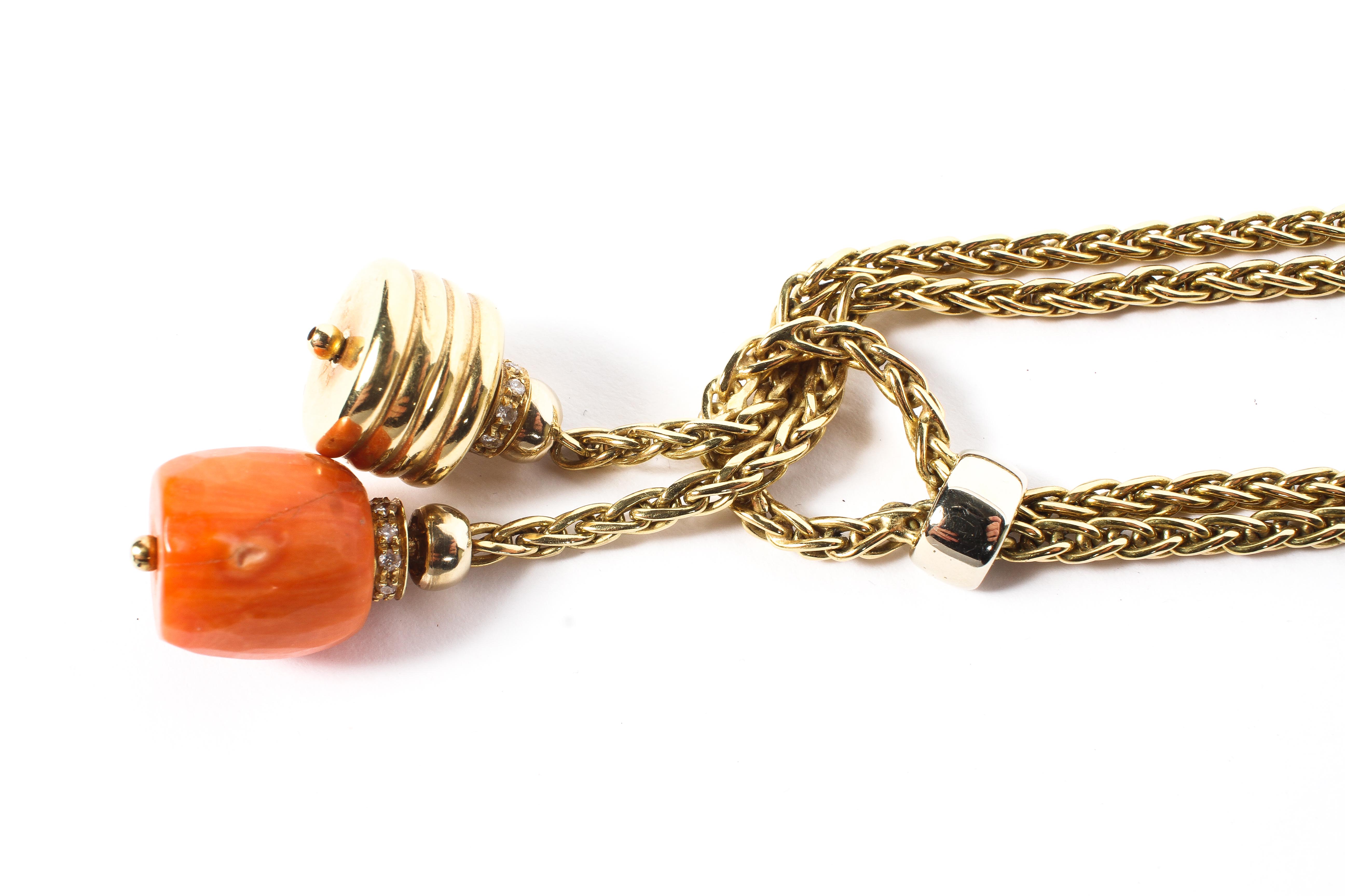 An 18ct gold double flat link necklace with knotted bale and diamond set coral and gold pendants. - Image 2 of 2