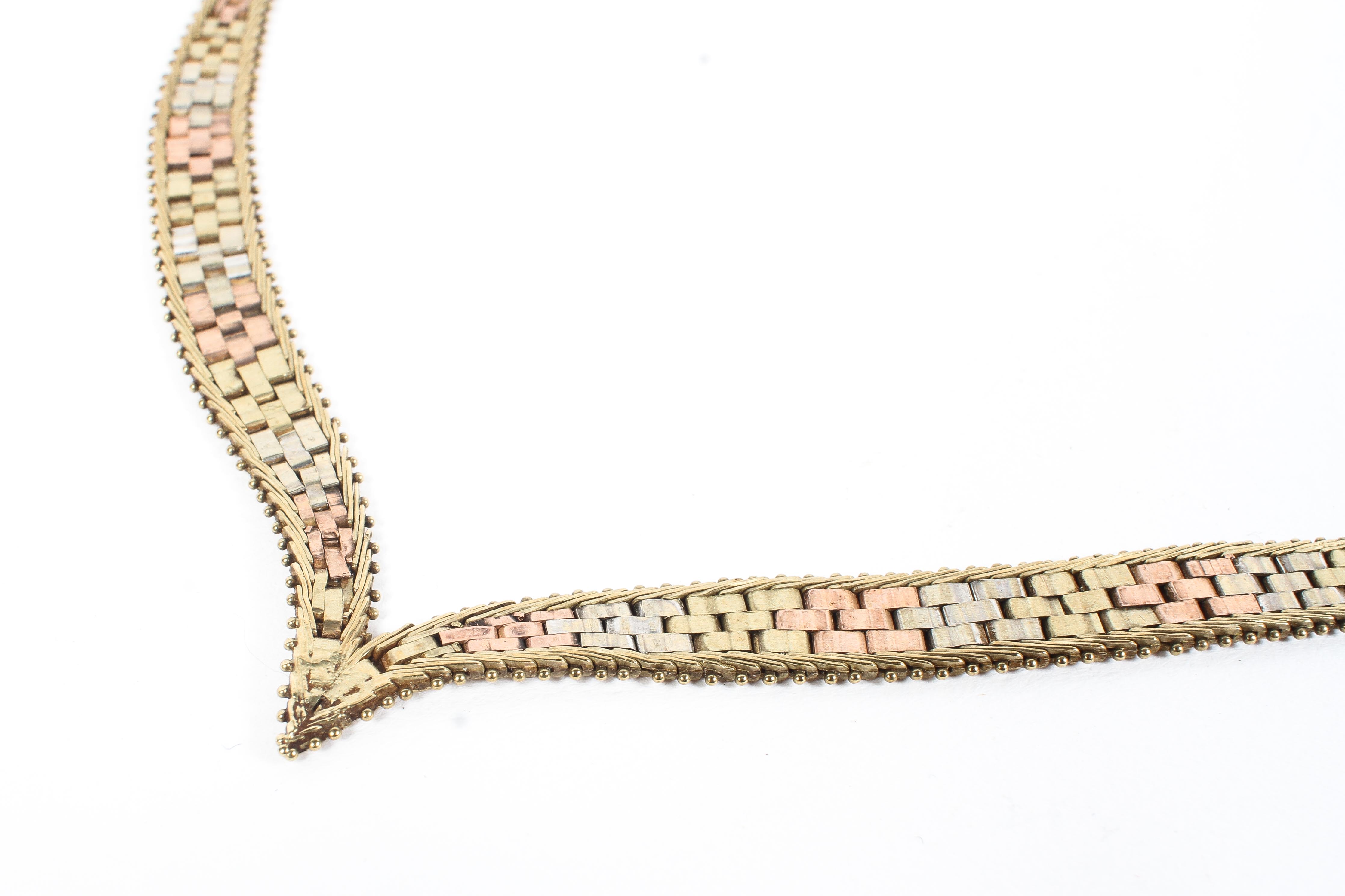 A vintage 9ct gold tri-coloured flat weave necklace, featuring yellow, - Image 2 of 2