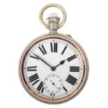 A silver plated Goliath pocket watch, the enamel dial with Roman numerals denoting hours,