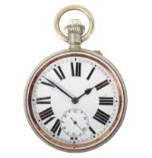 A silver plated Goliath pocket watch, the enamel dial with Roman numerals denoting hours,