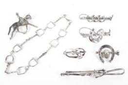 A collection of sterling silver and white metal equine related jewellery,