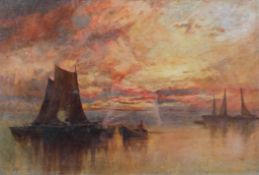 E D Percival, (act. 1891-1905), fishermen and sunrise, oil on panel, signed lower left, framed, 58.