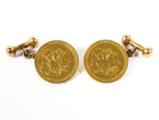 A pair of George IV gold sovereign cufflinks, one 1871, the other 1820,