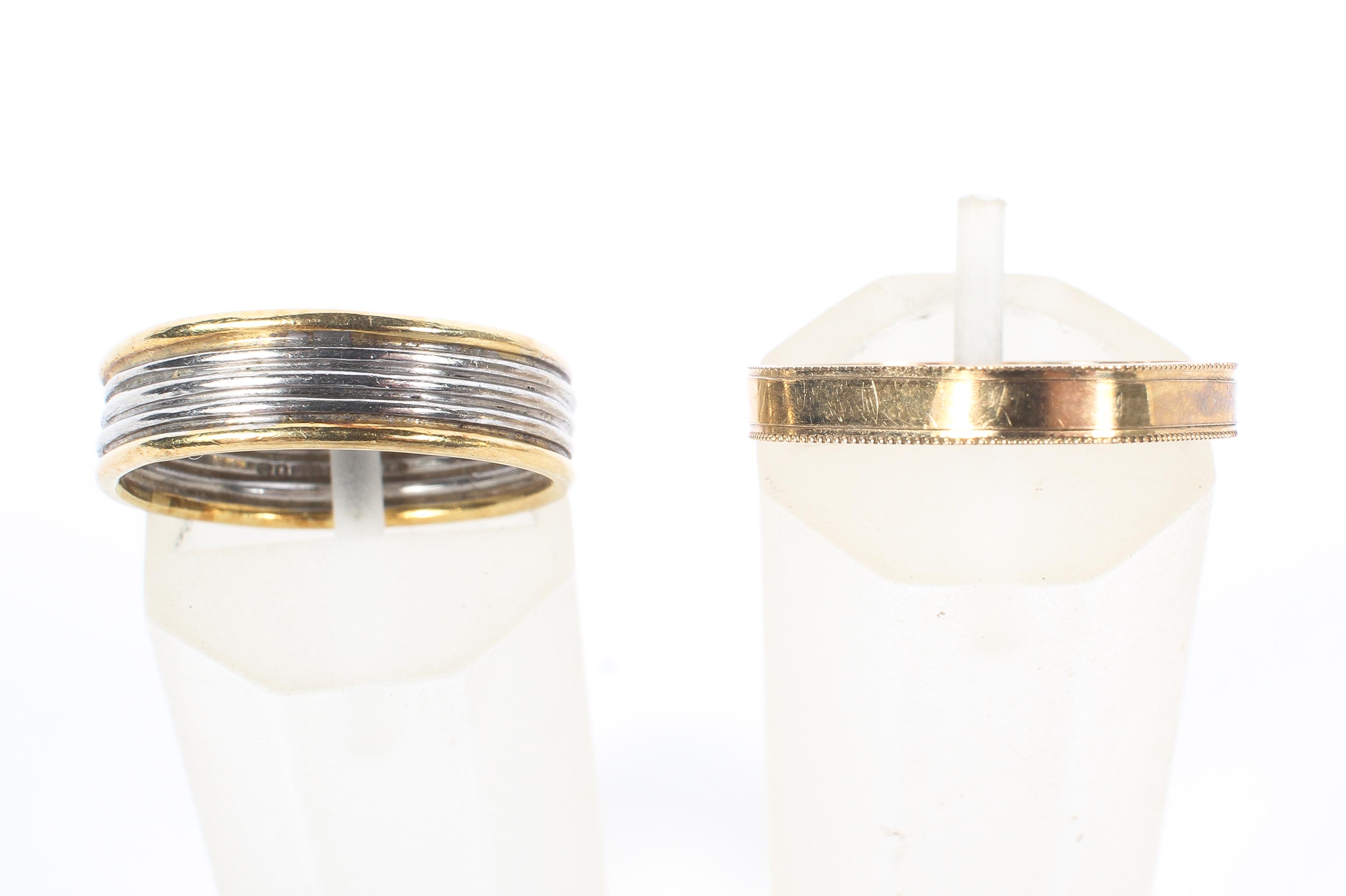 An 18ct bicoloured gold band together with a 9ct gold band of squared form, the 18ct example size N, - Image 2 of 4