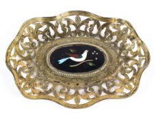 A gilt brass pierced dish with central pietra dura oval plaque, 26cm x 19cm.