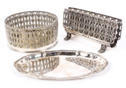 A selection of three Portuguese silver plated wares, comprising a wine bottle coaster,
