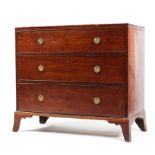 A small 19th century mahogany chest of three long drawers brass handles on splayed bracket feet