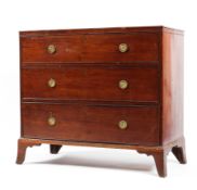 A small 19th century mahogany chest of three long drawers brass handles on splayed bracket feet