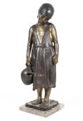 A contemporary Bronze figure of a girl carry a ewer on a marble base signed 107cm height