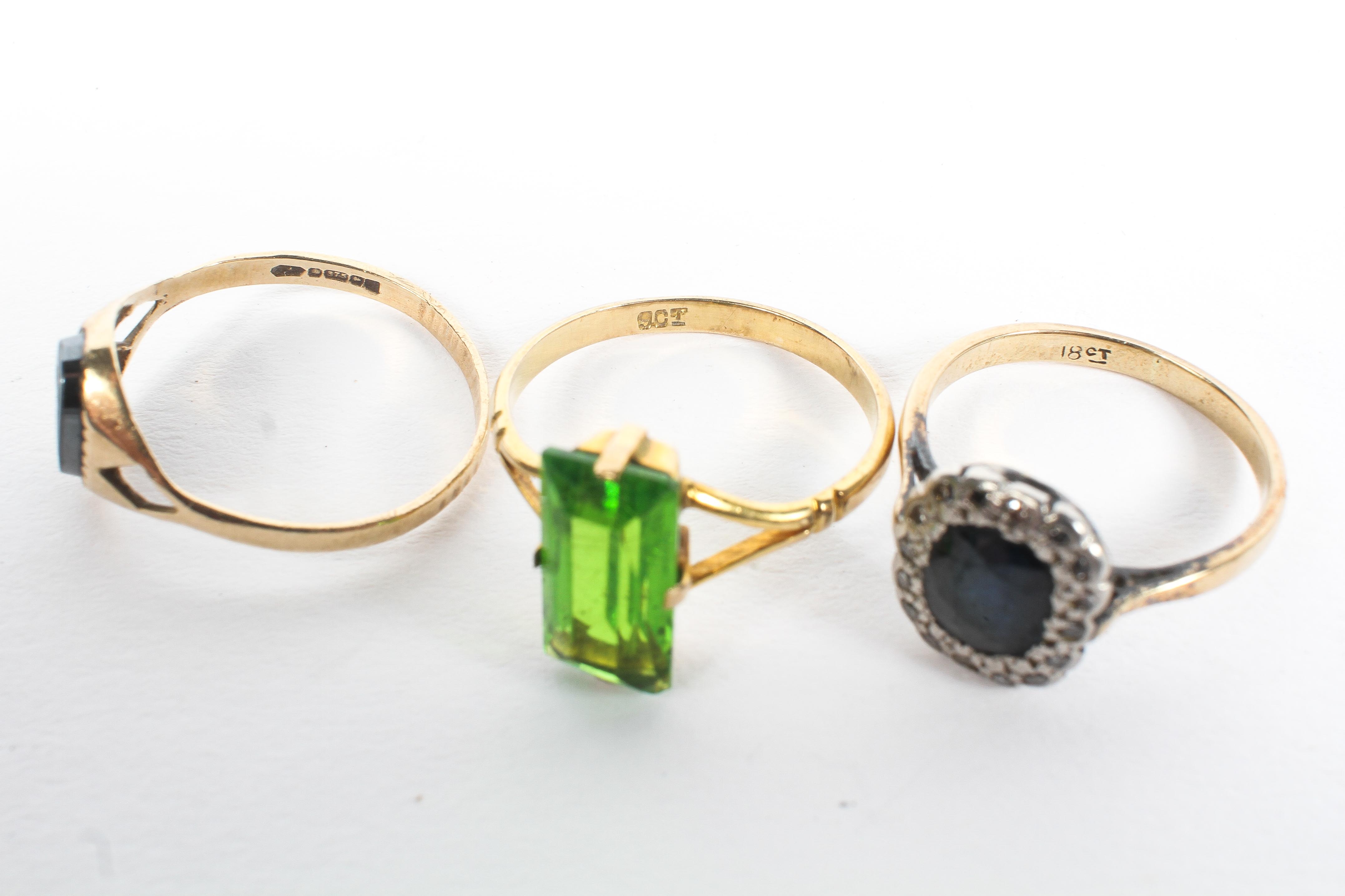 Three ladies gem set dress rings, one an 18ct gold sapphire and diamond chip ring, 1. - Image 3 of 3