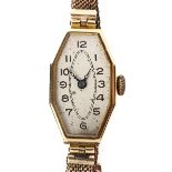 An 18ct gold cased ladies cocktail watch on a two colour yellow metal strap. Gross 13g.