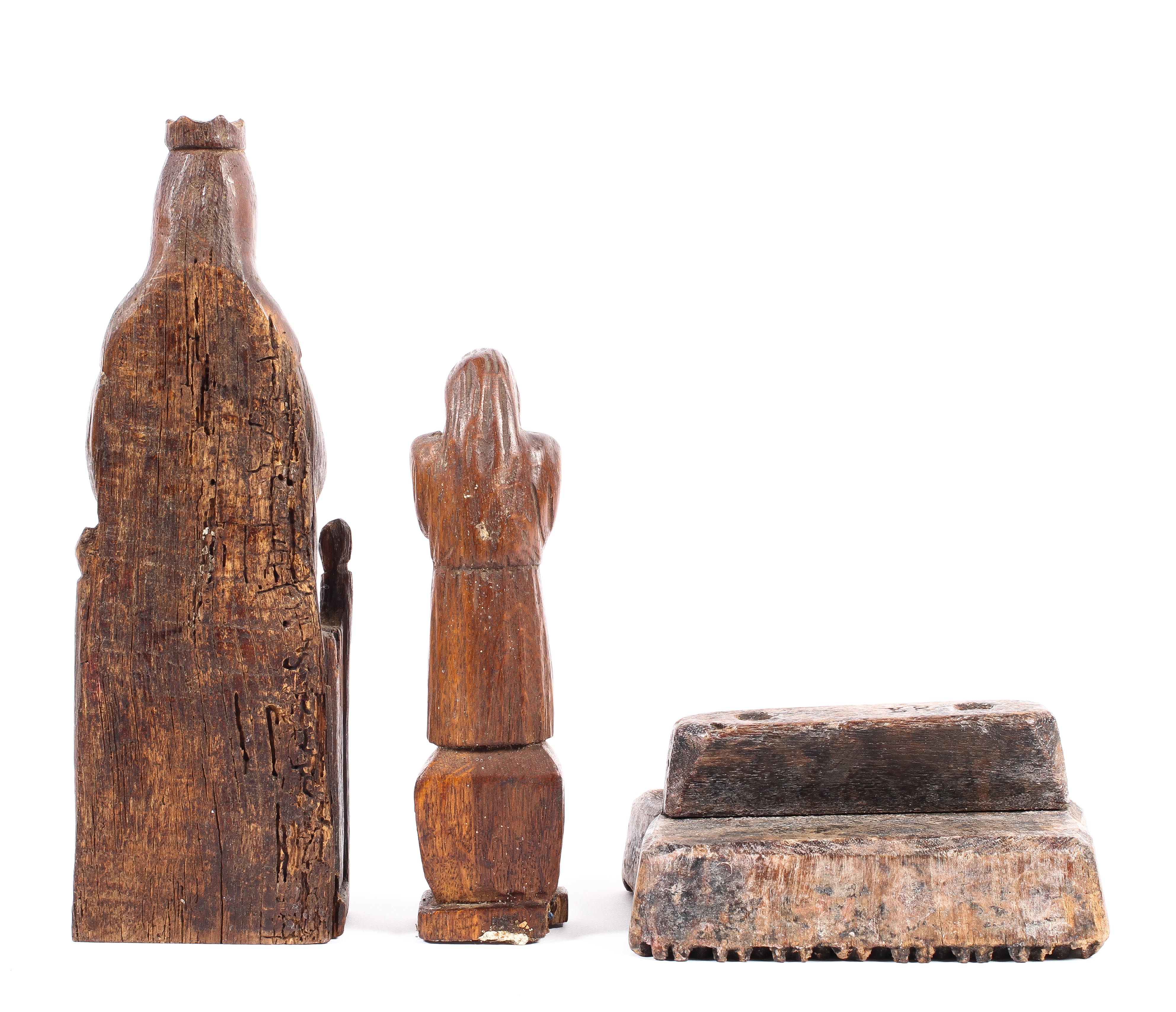 Two carved wooden religious figures and a carved woodblock, - Image 2 of 2