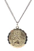 A 9ct gold St Christopher pendant on an unmarked yellow metal chain. 9g.