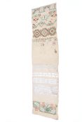 A late 17th-early 18th century embroidered and lace band sampler, British, silk on linen,