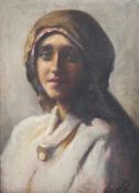 A early 20th century oil on canvas portrait depicting a girl, signed mm slight damage to canvas,