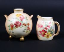 A Royal Worcester blush ivory ground two-handled globular vase and a jug, late 19th century,