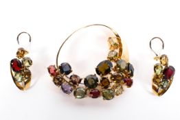 An 18ct gold and semi-precious gem set harlequin earrings and matching brooch,