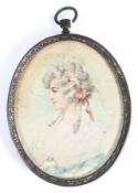 Late 19th century School, portrait of a lady in profile, watercolour on card,