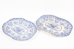 Two Spode pottery blue and white transfer printed shaped rectangular serving dishes,