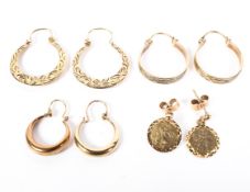 Four pairs of 9ct gold earrings. of differing designs total weight 8.