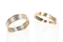 An 18ct bicoloured gold band together with a 9ct gold band of squared form, the 18ct example size N,