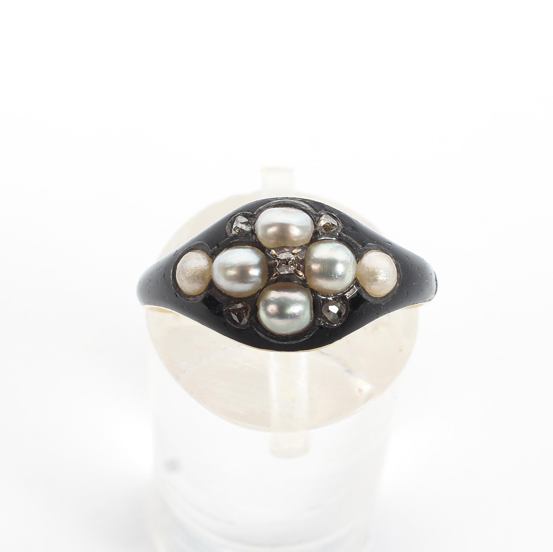 A 19th century black enamel diamond and pearl memorial ring, - Image 2 of 4