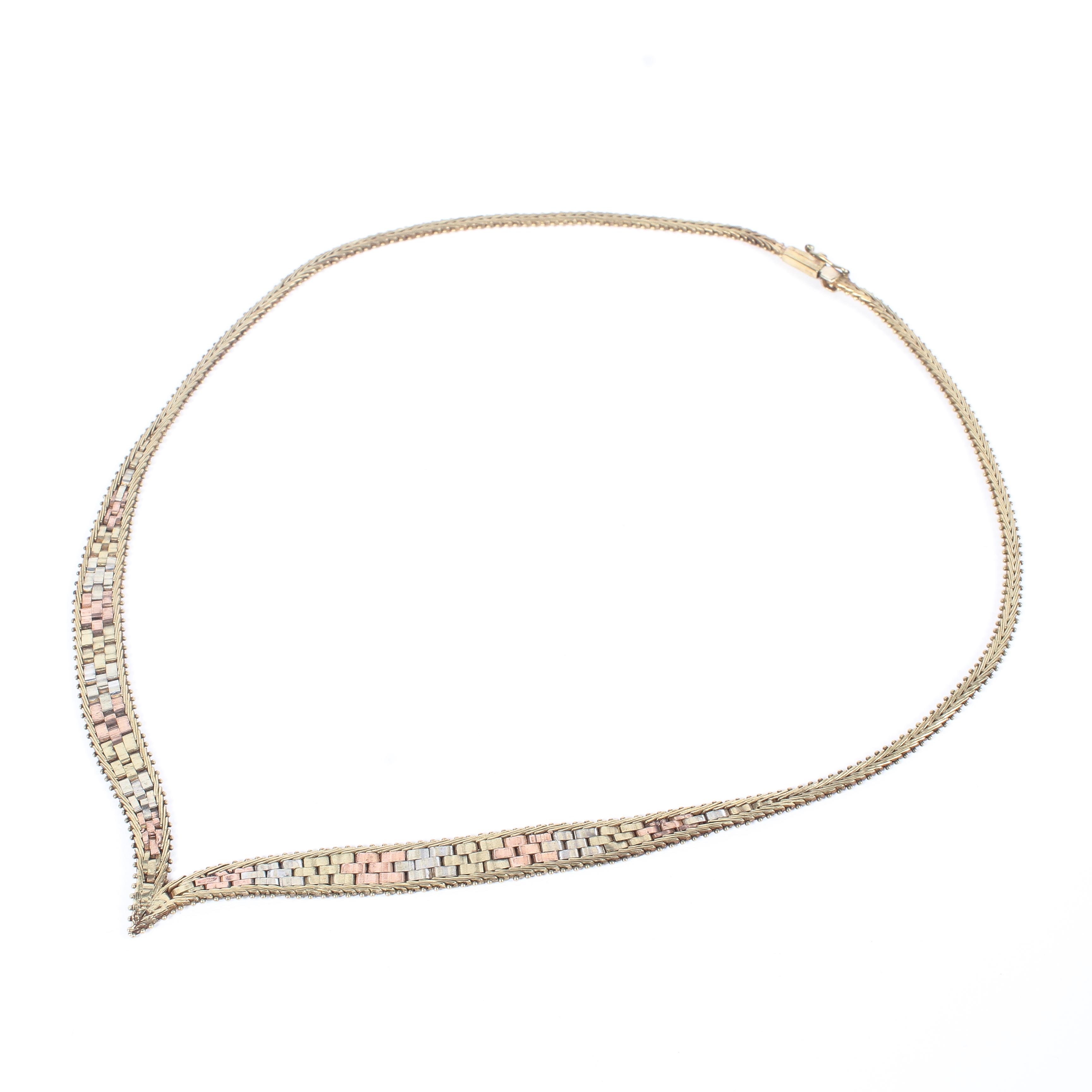A vintage 9ct gold tri-coloured flat weave necklace, featuring yellow,