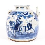 A large Chinese ceramic wine vessel and lid decorated in blue and white with a dignitary astride a