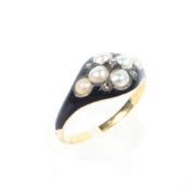 A 19th century black enamel diamond and pearl memorial ring,