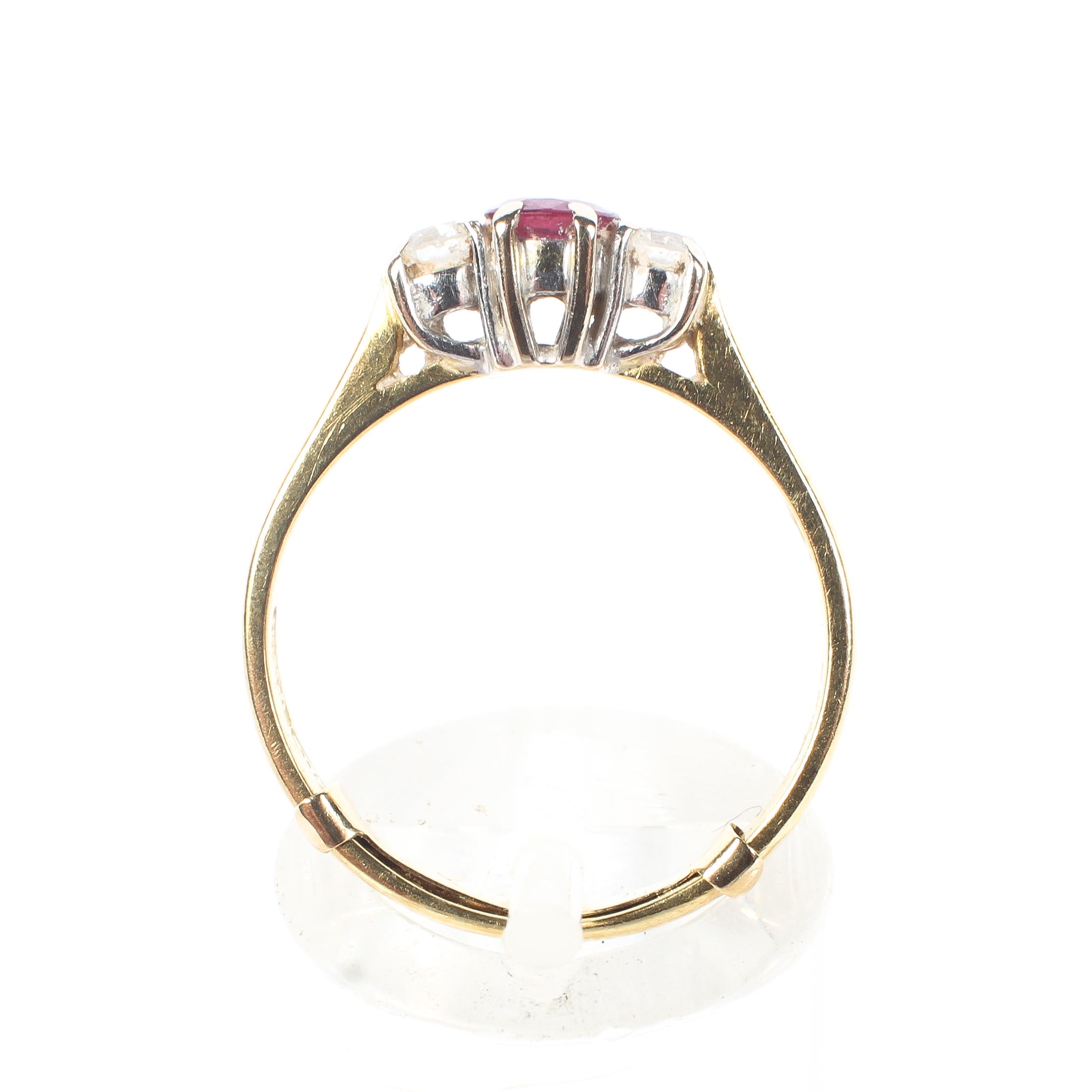 An 18ct gold ruby and two stone diamond dress ring, size N, - Image 3 of 4