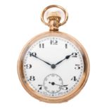 A Denison gold plated open face pocket watch, the enamel dial with Arabic numerals denoting hours,
