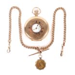 An early 20th century 9ct yellow gold cased half hunter pocket watch with attached 9ct gold albert