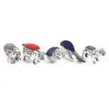 A collection of five small silver novelty pin cushions, to include an Elephant, Bird, Pig,