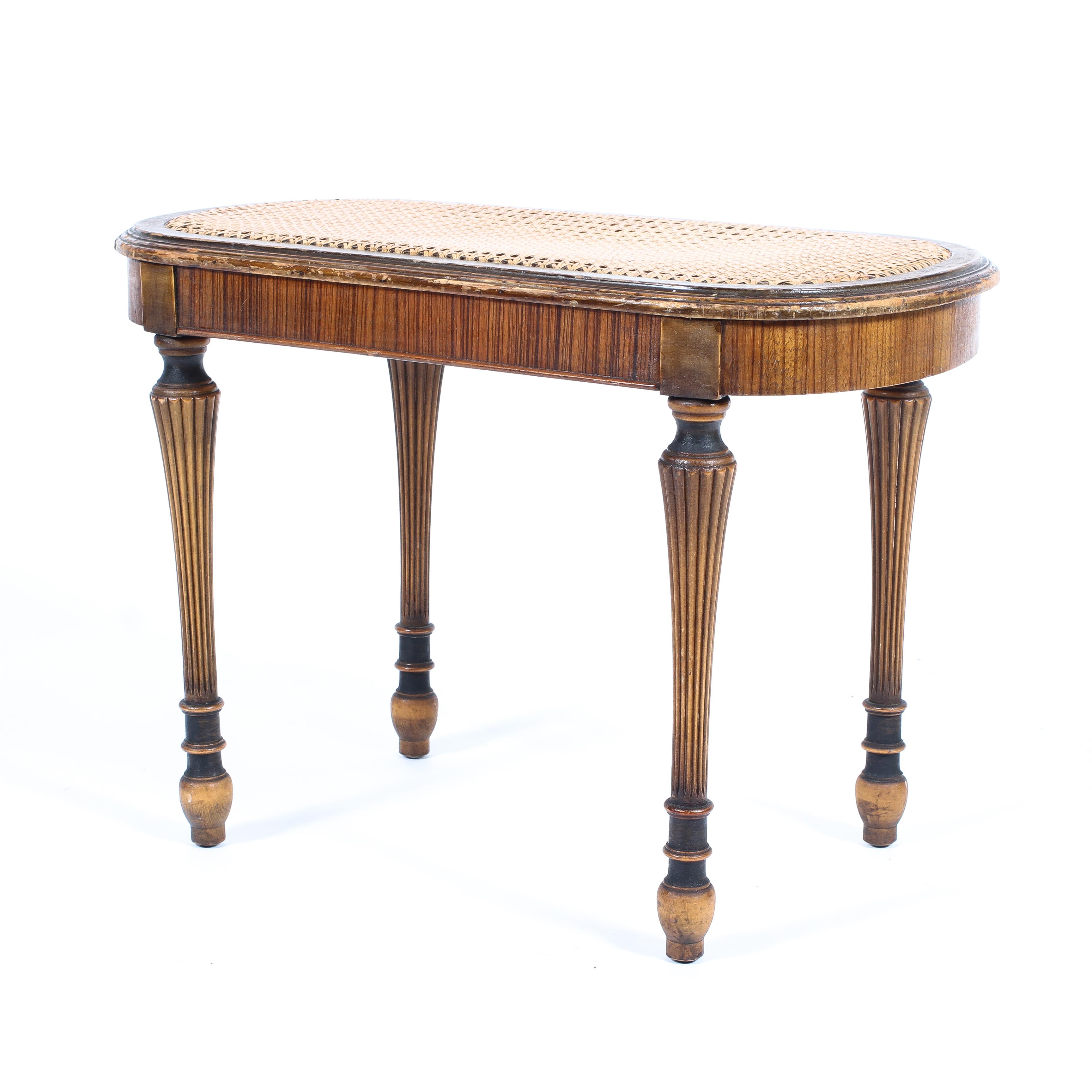A small caned shaped regency style stool original markers label Berkey & Gay furniture.