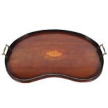 A Georgian inlaid mahogany kidney shaped two-handled tray, with conch shell marquetry centre,