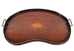 A Georgian inlaid mahogany kidney shaped two-handled tray, with conch shell marquetry centre,