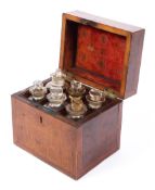 A mahogany Victorian medical box containing Six glass bottles,