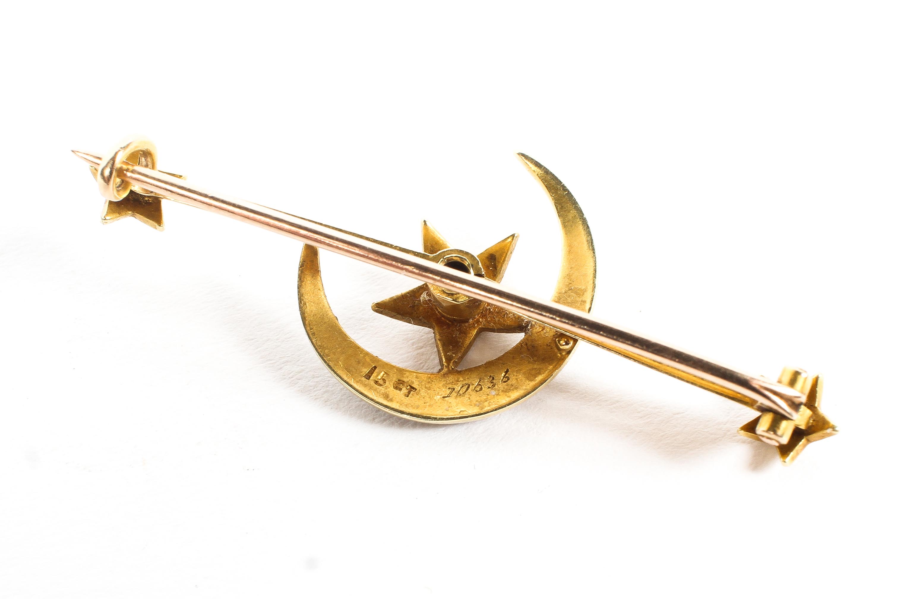 A 15ct yellow gold crescent moon and stars brooch, set with split pearl accents, 3. - Image 2 of 2