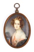 Mid-19th century Continental School, portrait miniature of a lady in landscape,