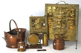 A collection of 20th century and later copper and brassware, including a helmet, coal scuttle,