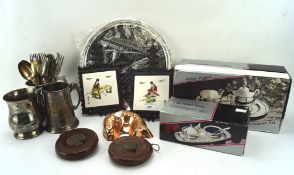 Assorted collectables, to include two tape measures, silver plated tankards,