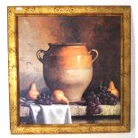 A contemporary print of a still life, painted over in acrylic, depicting fruit and a stoneware urn,