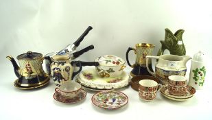 Assorted collectables including a set of three 1960s graduating saucepans and a gurgle jug,